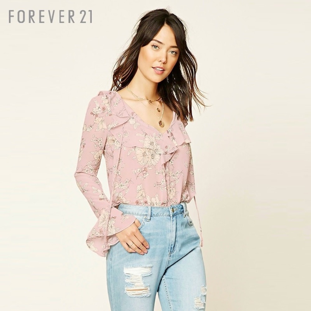 Forever21 Floral Chiffon Ruffle Top